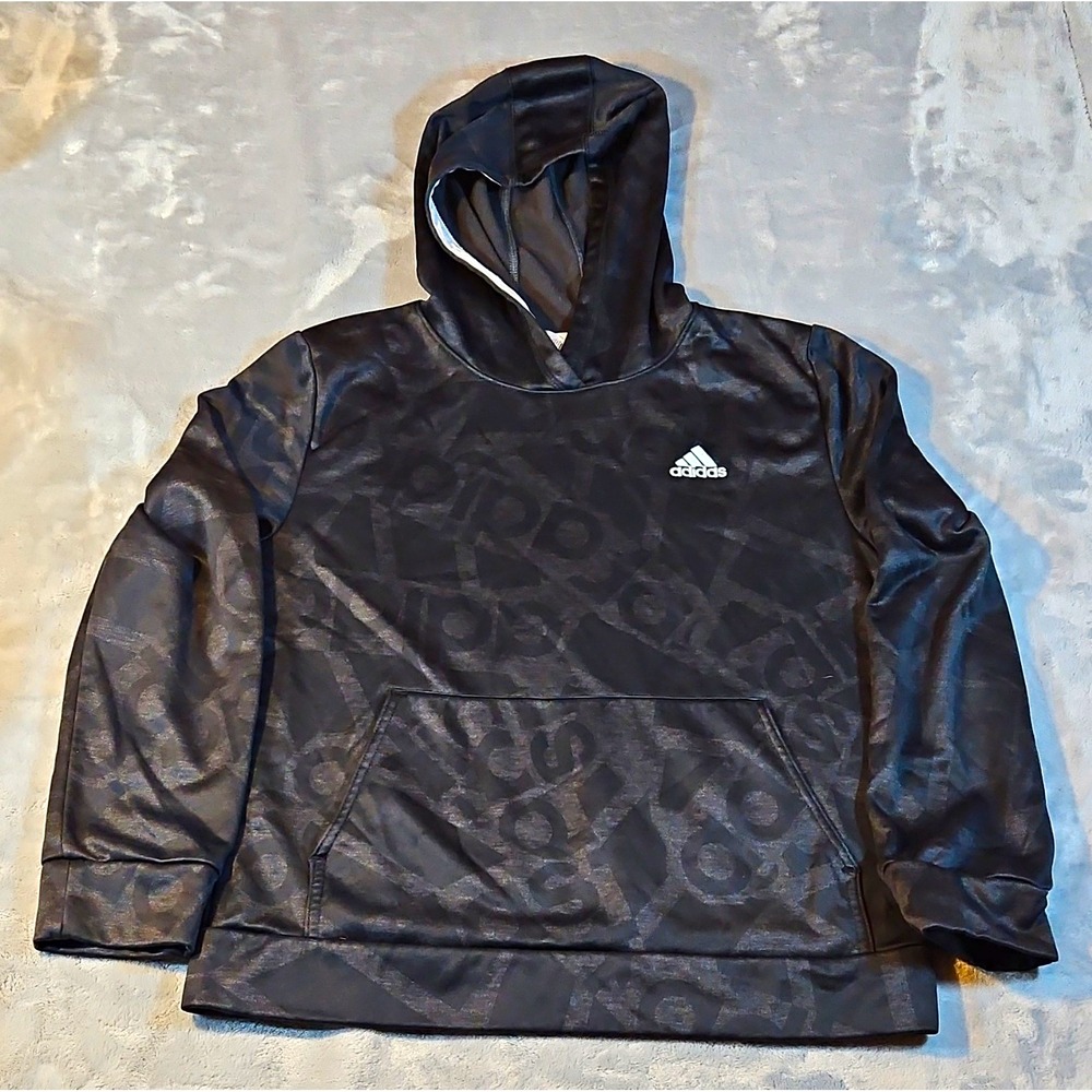 adidas Boys Black Pullover Hoodie L 100% Polyester Hooded Pockets Logo